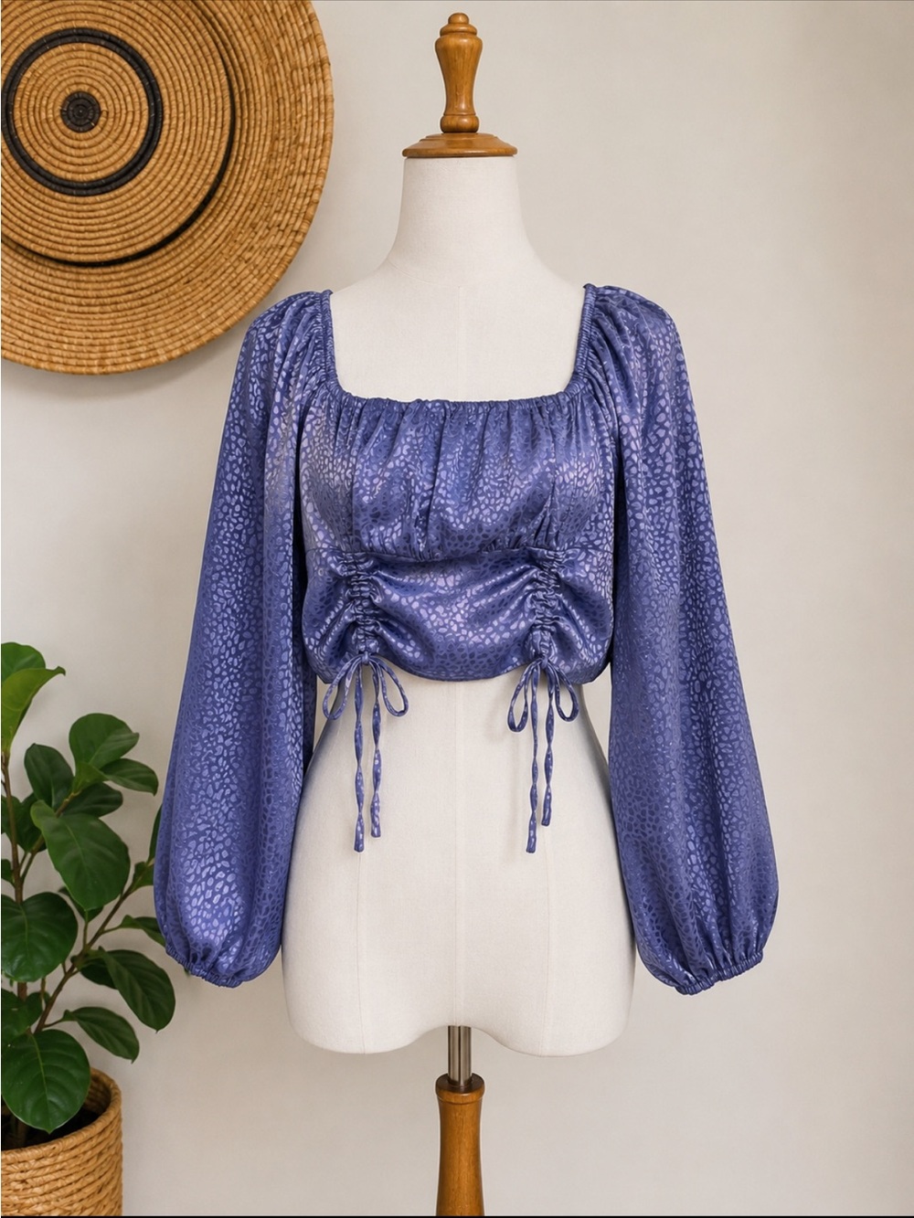 fab'rik Blue Animal Print Puff Sleeve Satin Square Neck Crop Blouse M
